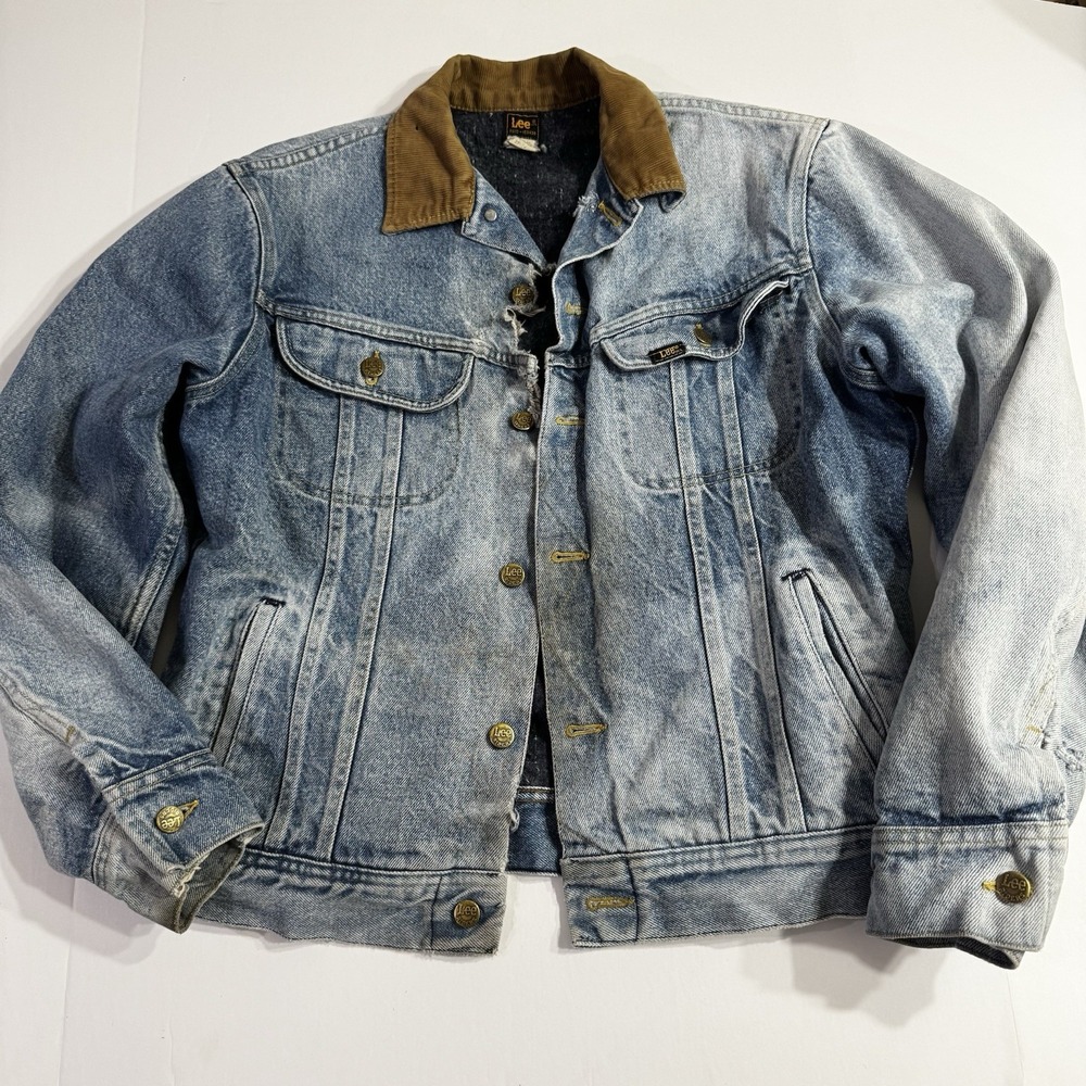 Vintage Lee Thrashed Denim Jacket Sz 42L Blanket Lined Distressed Made In USA